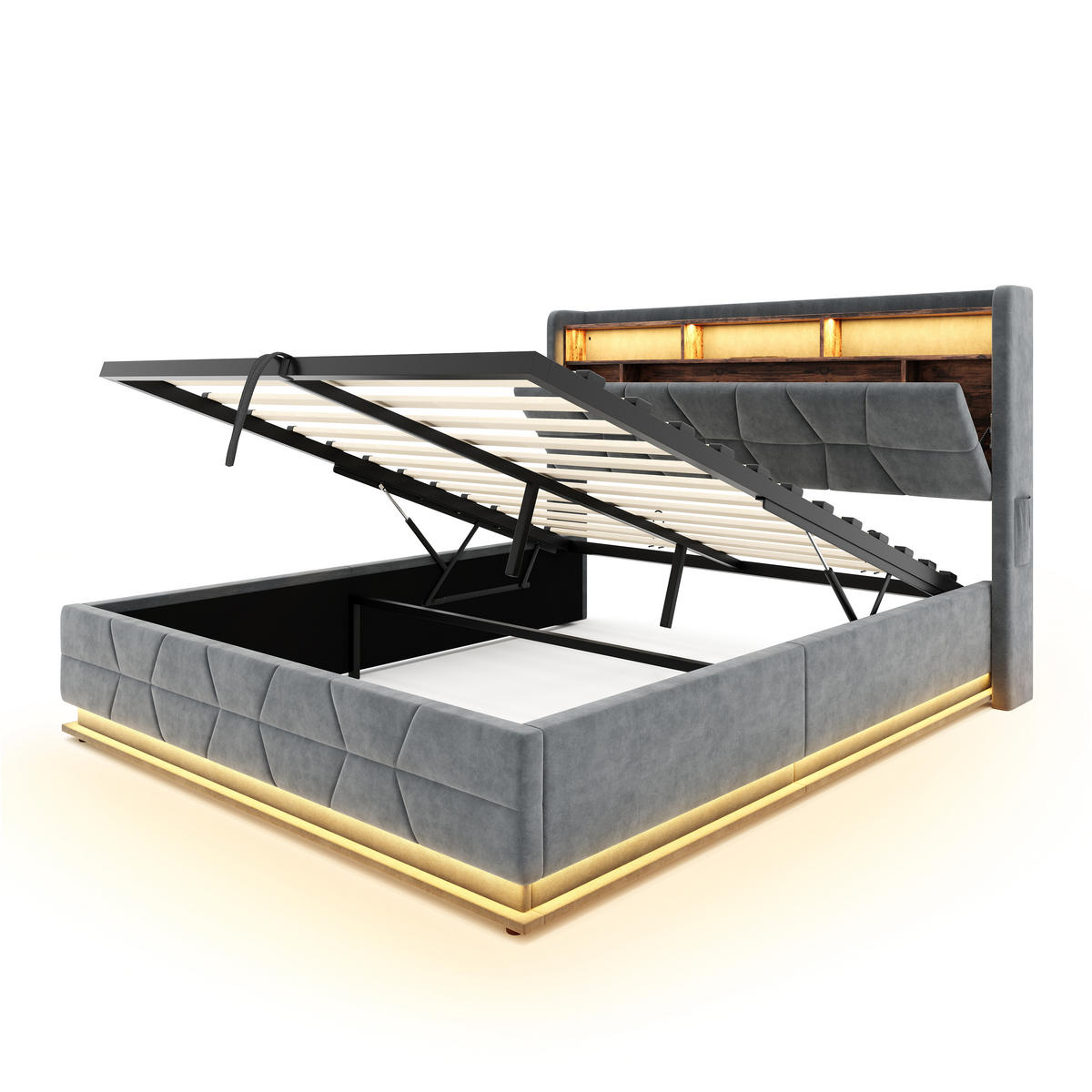 POLSTERBETT aus Velvet 160x200 cm in Dunkelgrau mit LED & USB/Type-C - Dunkelgrau, Textil (160/200cm) - Modfu