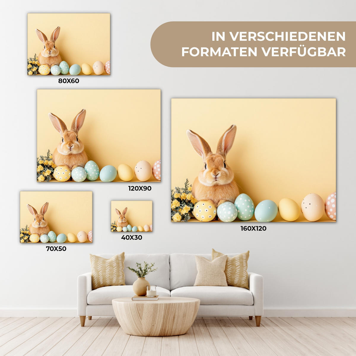 LEINWANDBILD Eier - Kaninchen - Pastellfarbtöne Wandbilder 80x60 cm - Hellgelb, Textil (80/60cm) - MuchoWow