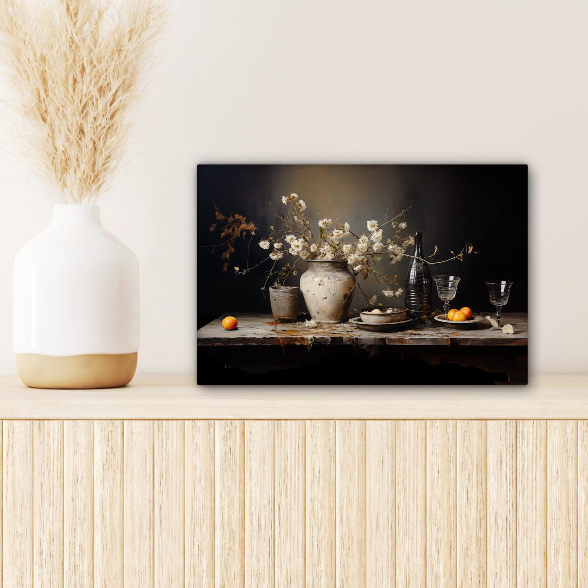 LEINWANDBILD Stilleben - Blumen - Blumenstrauß - Vase - Wein 30x20 cm - Schwarz, Textil (30/20cm) - MuchoWow