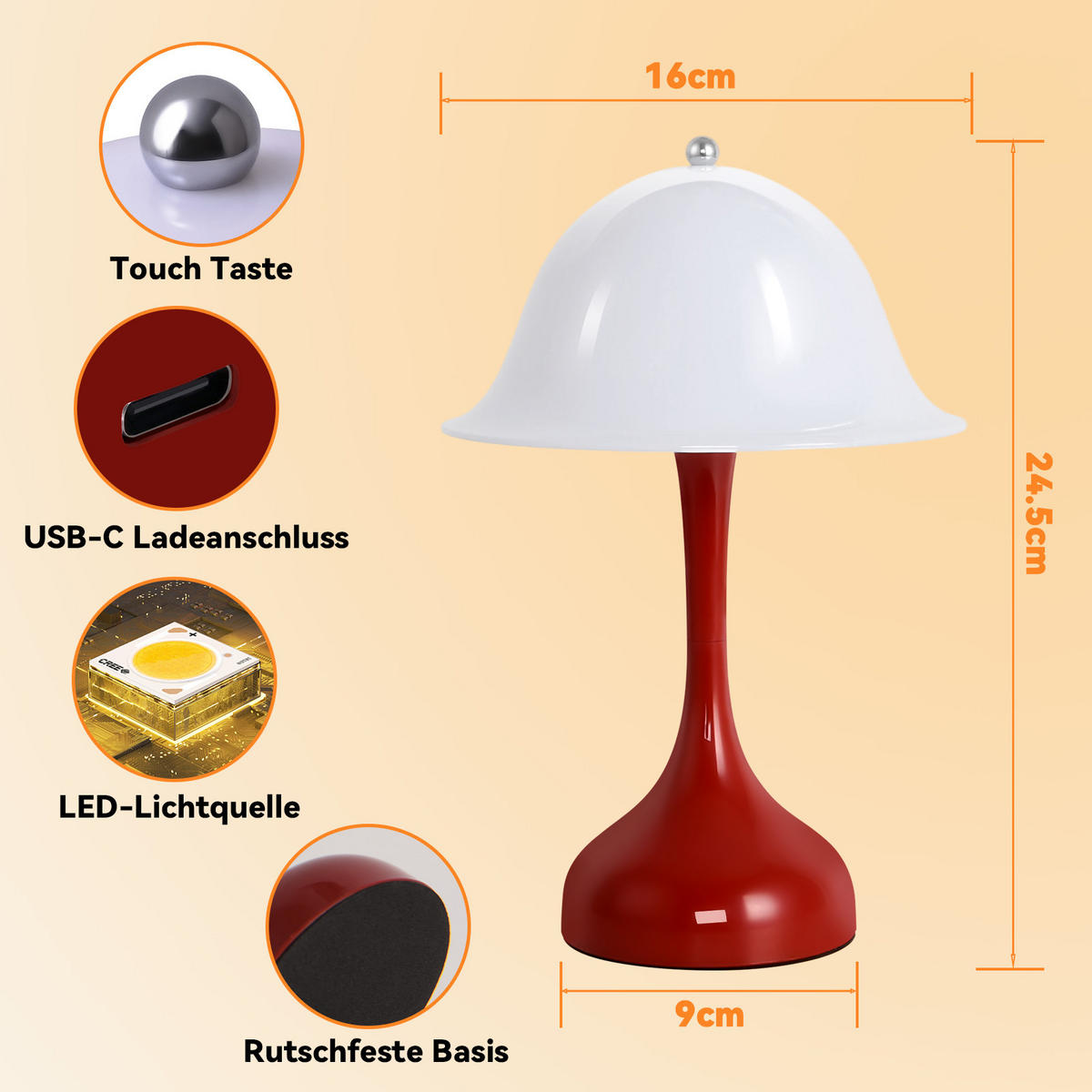 LED-TISCHLEUCHTE BRUNHILDE Ⅲ 25/9/16 cm - Rot, Metall (25/9/16cm) - Nettlife