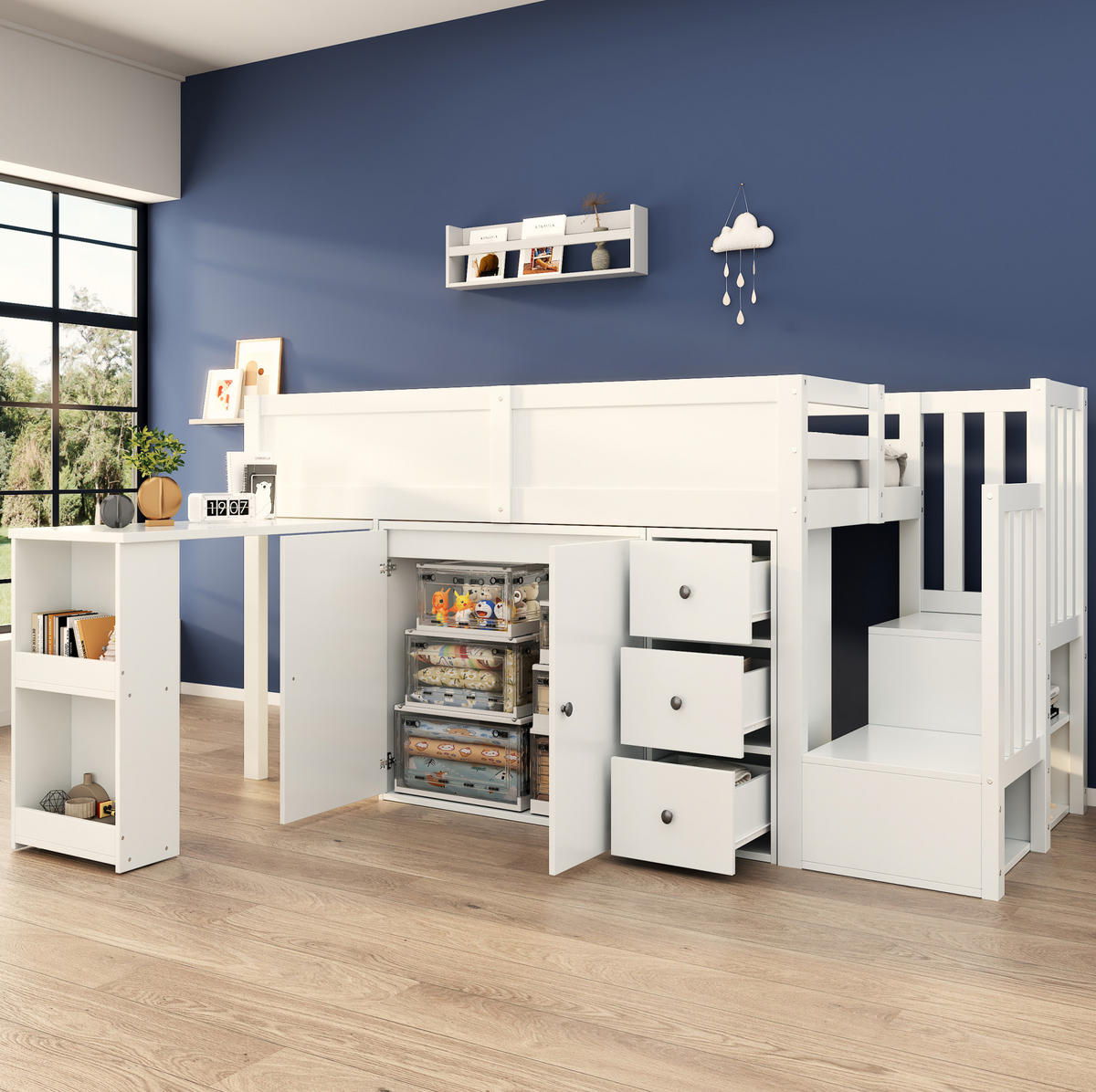 PATROVÁ postel 90/200 cm bílá z MDF s psacím stolem a úložným prostorem - bílá, kompozitní dřevo (90/200cm) - OKWISH