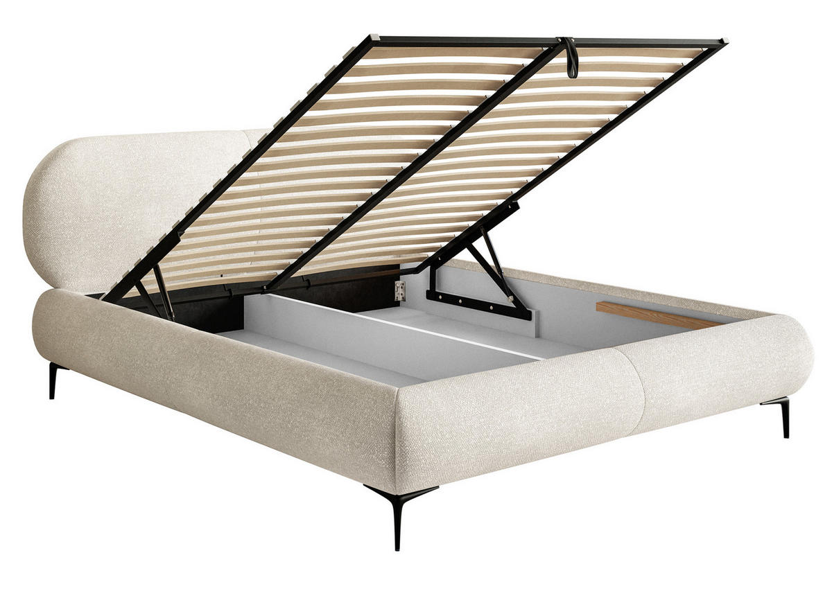 POLSTERBETT Ovalle Cremeweiß mit schwarzen Metallbeinen und Bettkasten 140 cm - Creme/Schwarz, Textil/Metall (140/200cm) - Selsey
