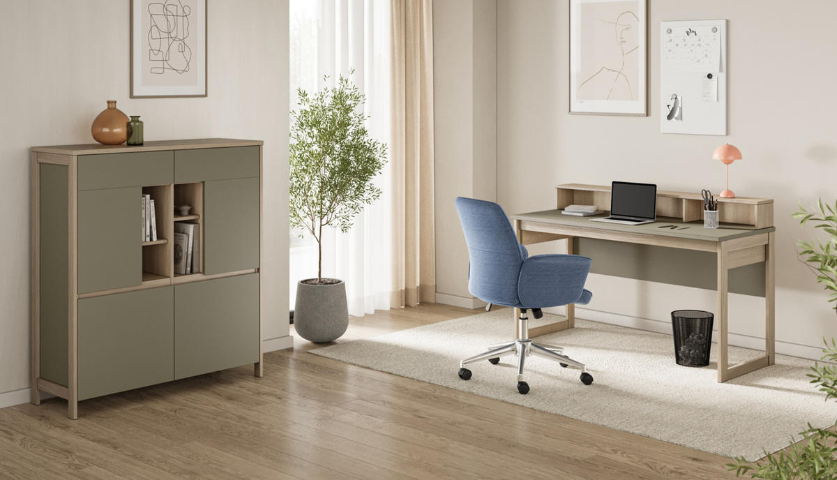 WOHNKOMBINATION Salbei grün, Eiche mit Highboard und Schreibtisch skandinavisch, Soft-Close - Salbeigrün/Eichefarben, Glas/Holzwerkstoff (246/125/60cm) - Furn.Design