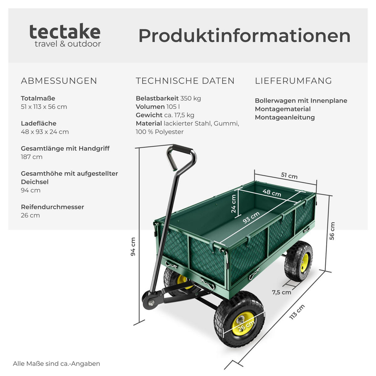 BOLLERWAGEN , Belastbarkeit 350 kg, grün - Grün, Metall (51/56/113cm) - tectake