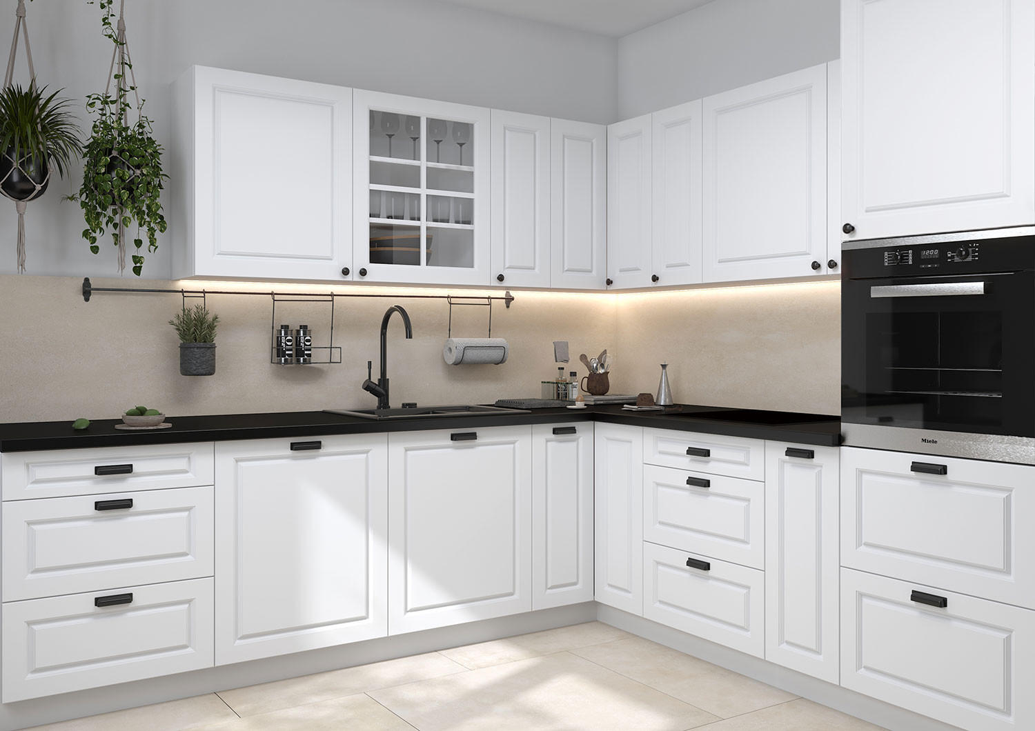 WINKELKÜCHE Pescara signalweiß matt / weiß matt 14-teilig mit Vollauszug (HETTICH InnoTech Atira) - Weiß, Holzwerkstoff/Metall (360/207/59cm) - Feldmann-Wohnen