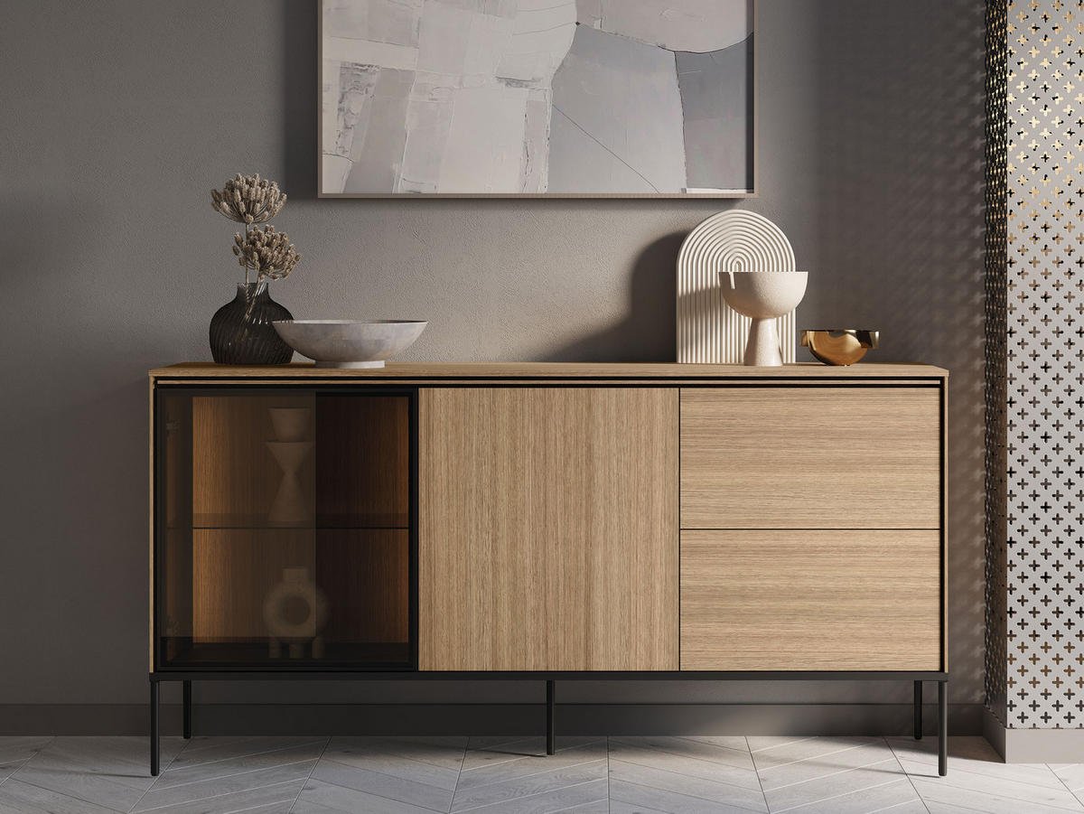 SIDEBOARD 1D1W2S Visso VI-05 - Eichefarben/Schwarz, Holzwerkstoff/Metall (167/85/41cm) - MIRJAN24