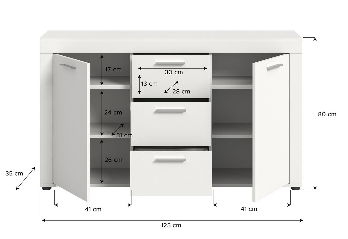 SIDEBOARD JAM (B/H/T: ca. 125/80/35 cm) in weiß/weiß - Weiß, Holzwerkstoff (125/80/35cm)