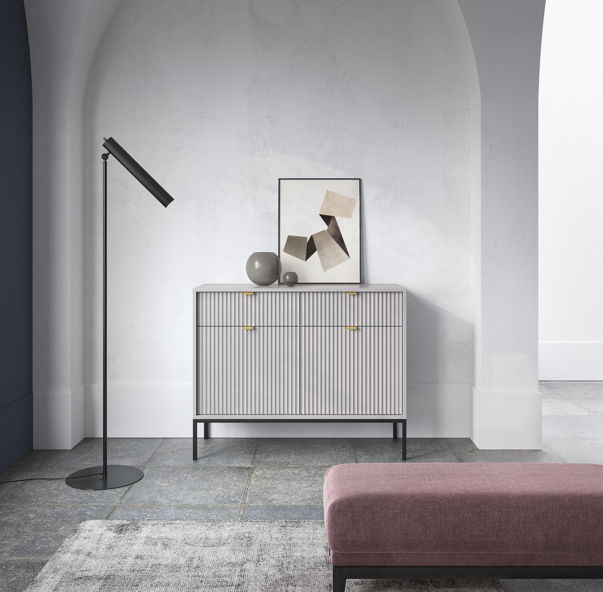 SIDEBOARD Eternas 2T 2S Grau 104/83/39 cm – schwarze Füße, mit geriffelten Fronten - Schwarz/Grau, Holzwerkstoff (104/83/39cm) - AX Living
