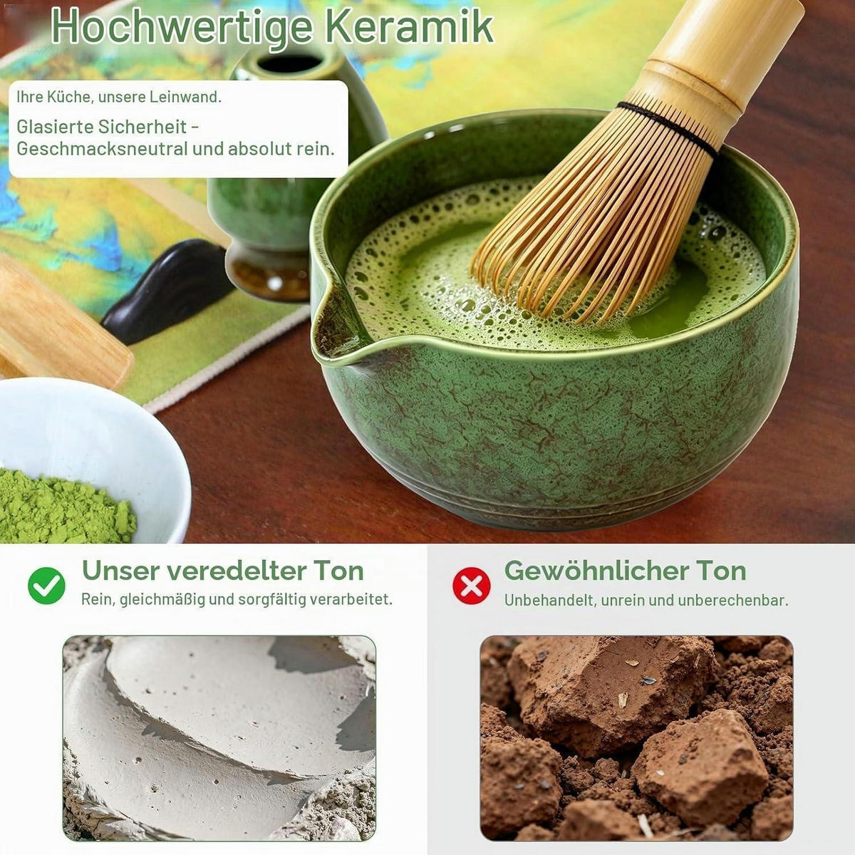 MATCHA Set 8-teiliges Premium Tea Set mit Bambus-Chasen Grün - Grün, Keramik (13/10.5/13cm)