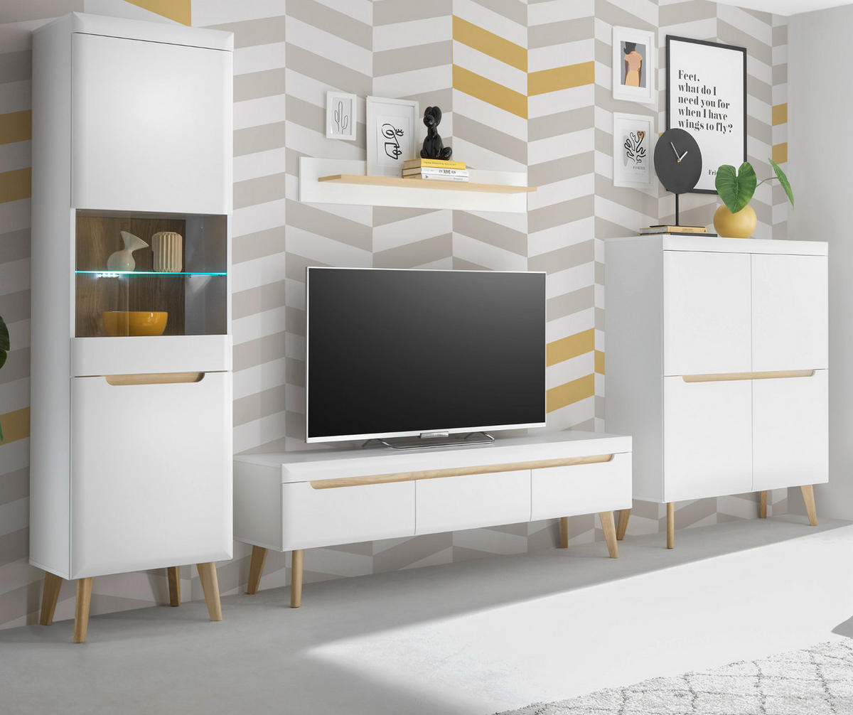 WOHNWAND 4-teilig weiß matt, Eiche, skandinavisch 360 cm, Schrankwand mit Soft-Close-Funktion - Eichefarben/Weiß, Glas/Eichenholz (360/197/40cm) - Furn.Design