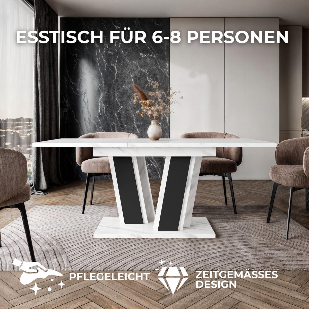 ESSTISCH Ausziehbar von 120 bis 160 cm in Weißer Marmor-Optik - Weiß Hochglanz, Holzwerkstoff (80/160/75cm) - Home Collective