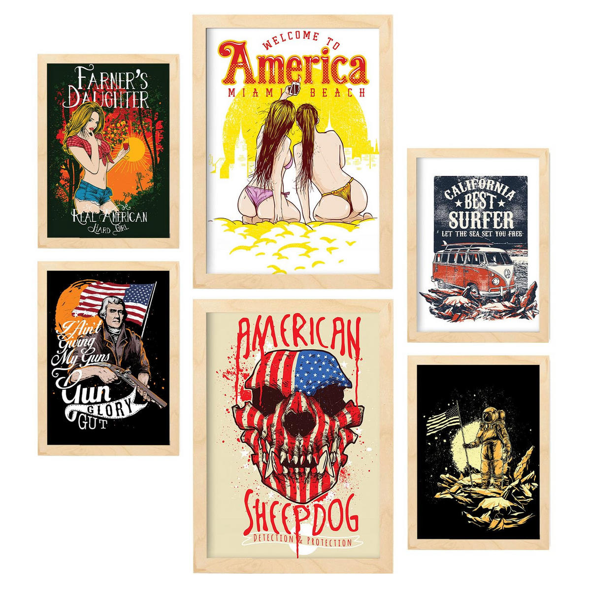 POSTER Set Mit 6 Amerika In Rustikale Zitate A3 & A4 Rahmen Aus Hellem Holz - Beige, Papier (29/3cm) - Nacnic
