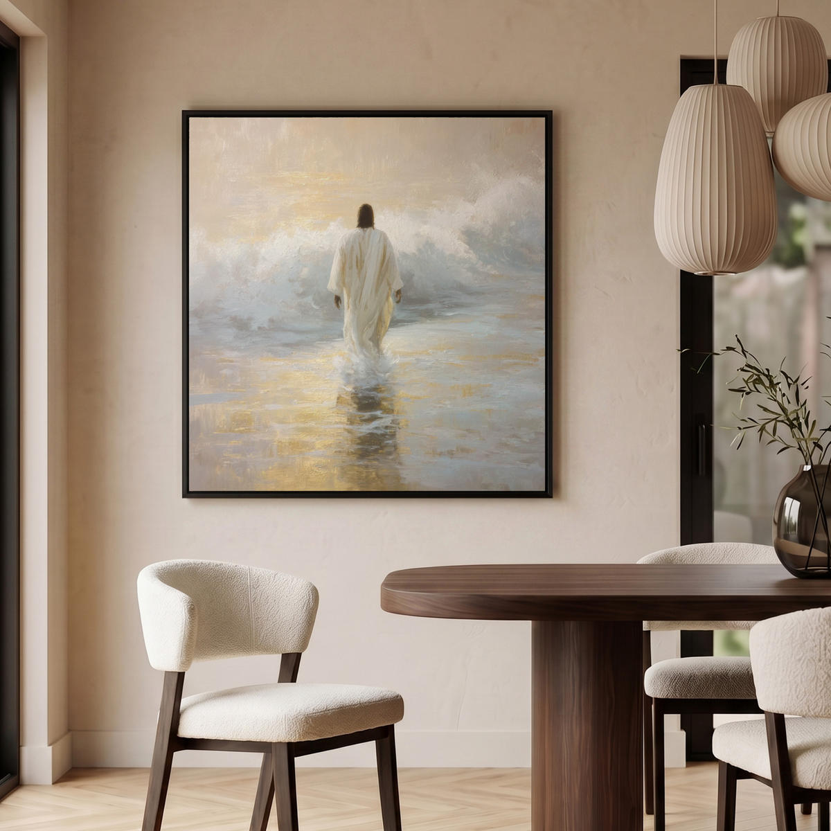 LEINWAND Bilder mit Rahmen - Gemälde - Welle - Jesus - Abstrakt - 90x90 - Goldfarben, Textil (90/90cm) - MuchoWow