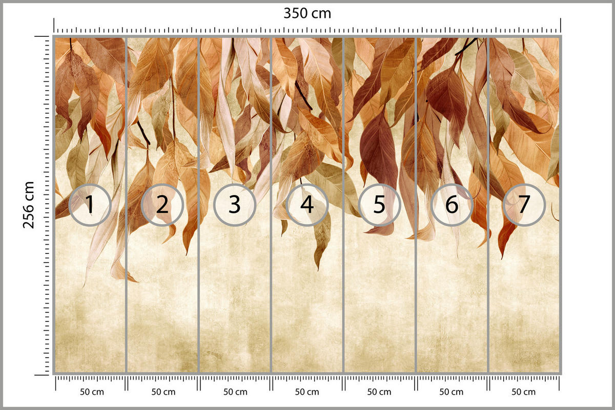 FOTOTAPETE Blätter Pflanzen Natur für Wohnzimmer 350x256 - Beige/Rot, Papier (350/256cm) - Muralo