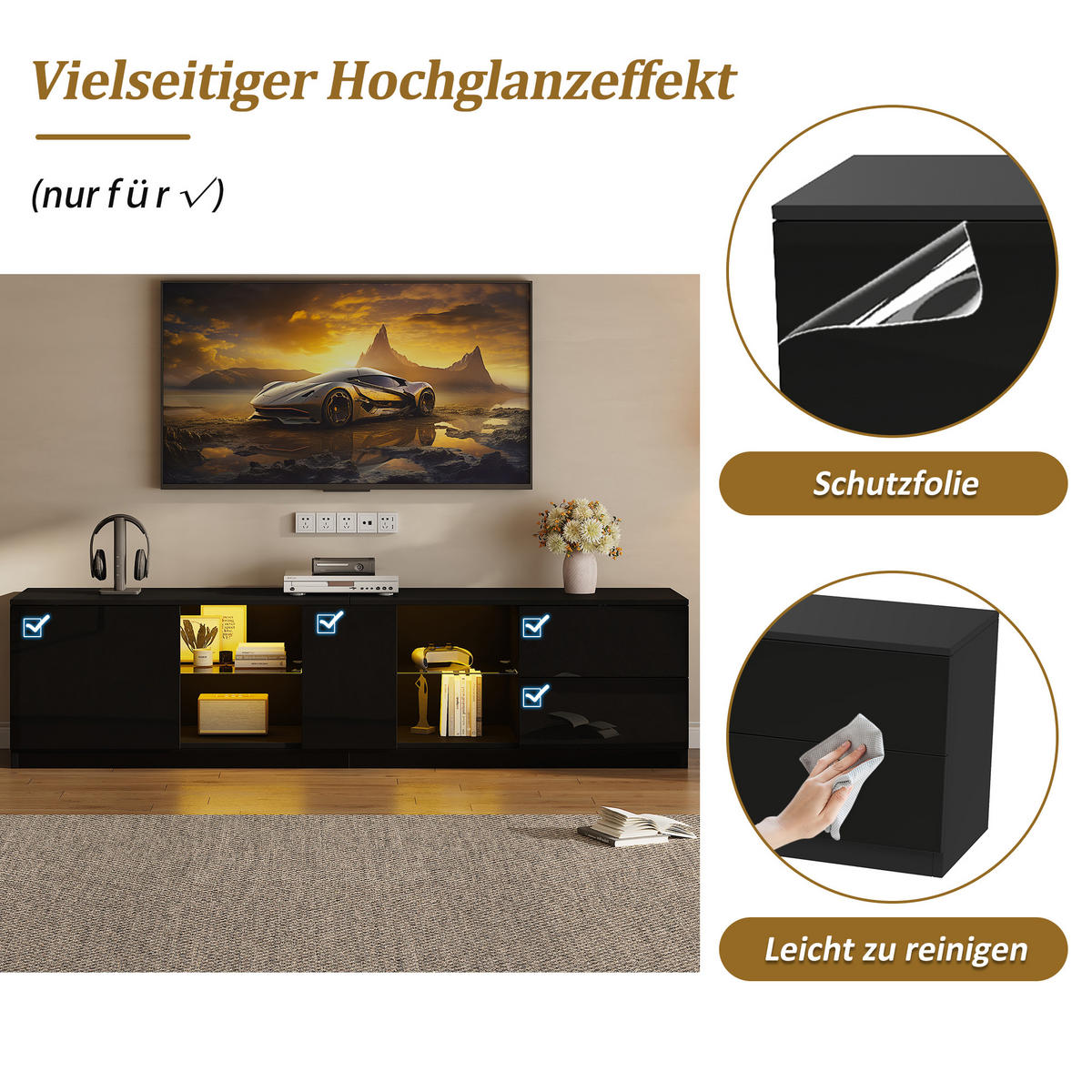 TV-LOWBOARD 160x40x52 cm Hochglanz Schwarz LED für 65" TV - Schwarz, Holzwerkstoff (40/52/160cm) - FLIEKS