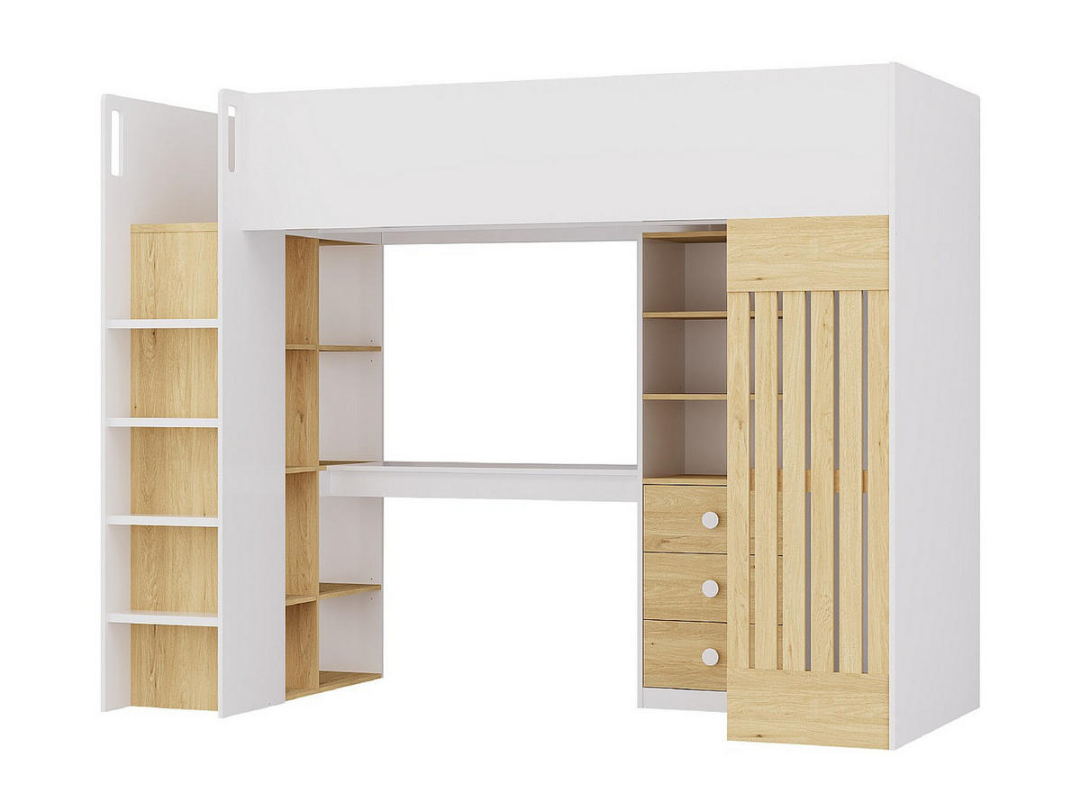 HOCHBETT mit Schreibtisch & Kleiderstange + Matratze - 90 x 190 cm - Weiß & Holzfarben - LORINTI - Naturfarben, Holz (108.5/235cm) - Vente-Unique
