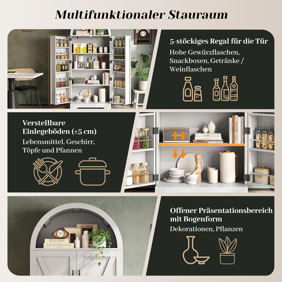 HIGHBOARD Bogenschrank Weiß 165x70x40cm mit Türablagen & offenem Fach Landhausstil - Weiß, Holzwerkstoff (70/165/40cm) - Urban Meuble