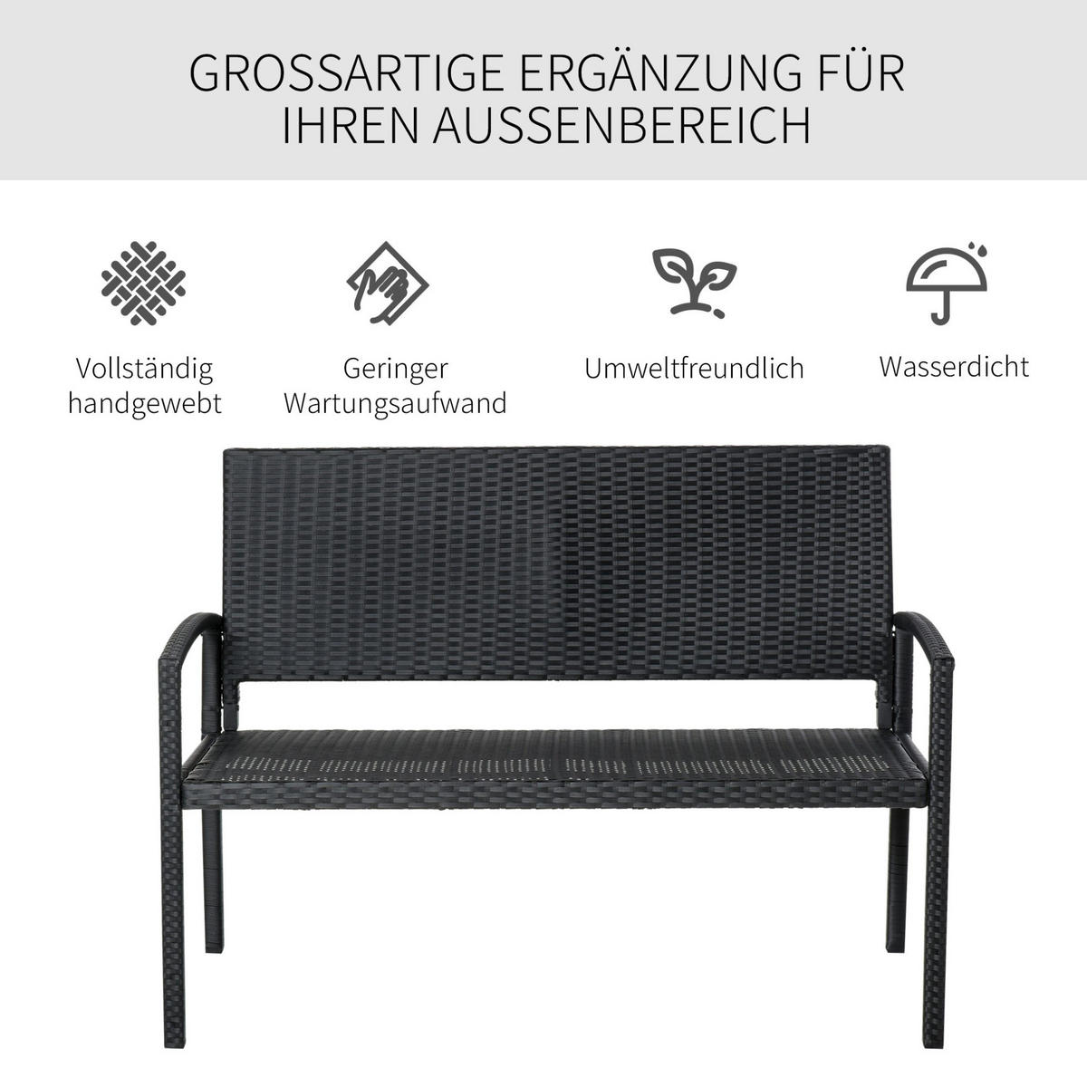 ZAHRADNÍ lavice 122/60/87 cm černá z oceli a polyratanu pro 2 osoby - černá, kov (60/85/122cm) - OKWISH