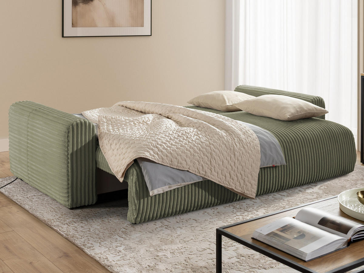 SCHLAFSOFA Calma mit Bettkasten im Bumpy-Design aus weichem Olive Plüschcord - Schwarz/Olivgrün, Holz/Kunststoff (239/88/98cm) - S-Style