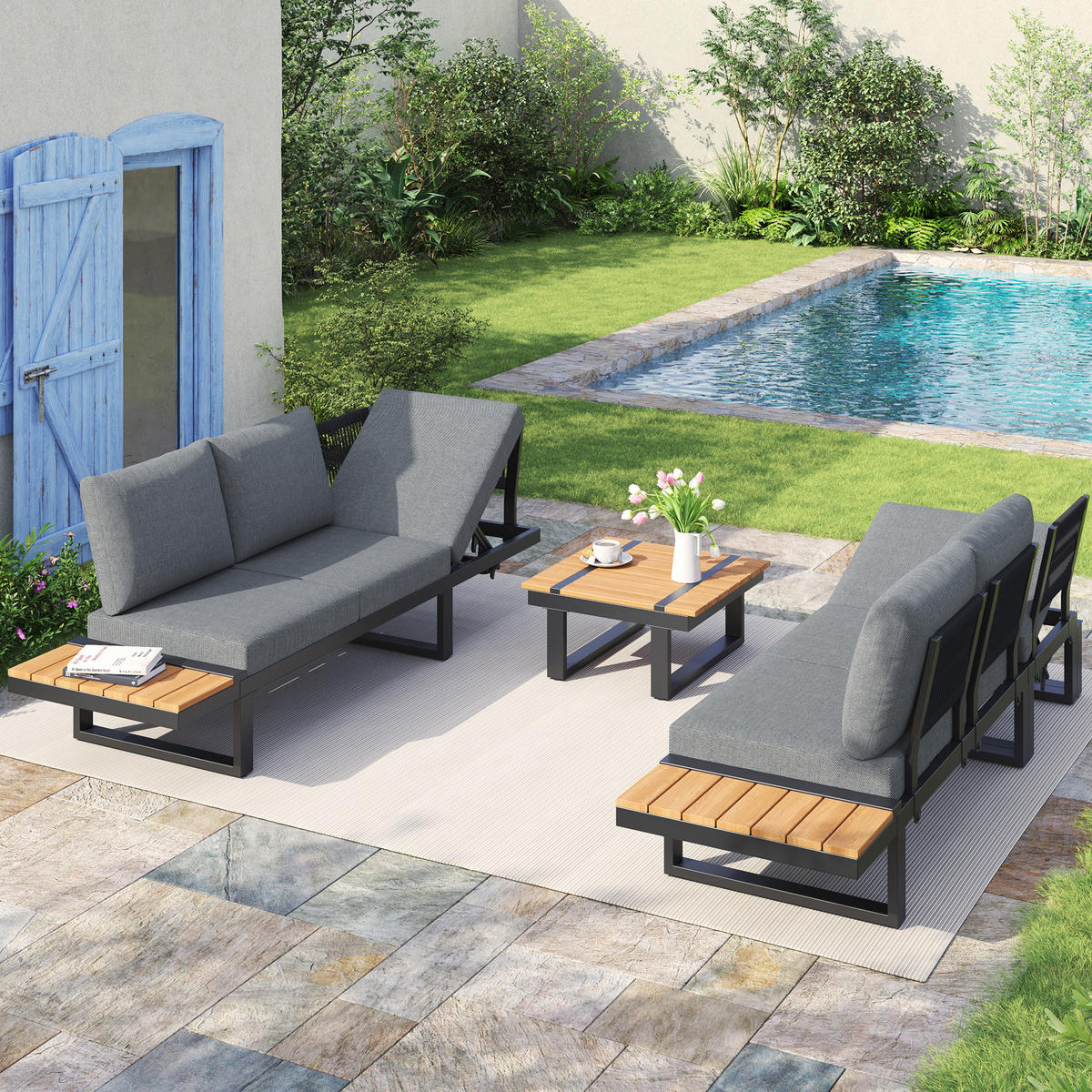 GARTENMÖBEL-SET 279/218/72 cm grau aus Stahl und Polyester mit Ablagen und verstellbarer Liegefunktion - Braun, Metall - OKWISH