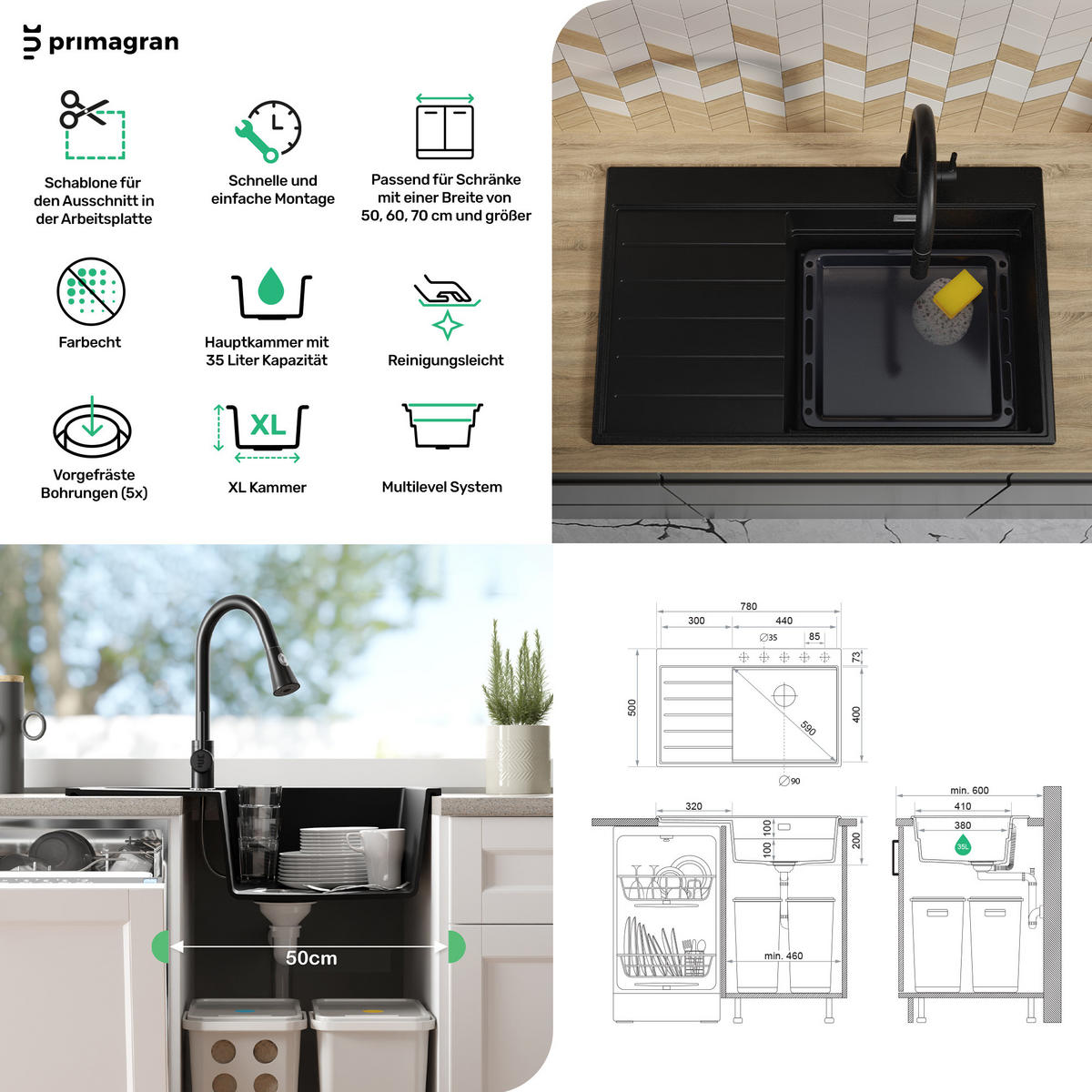 SPÜLBECKEN Sydney, 2-er set Weiß 78/50 cm 1 Becken + Ablauf-Set + Küchenzubehörset ab 50er Unterschrank - Chromfarben/Beige, Kunststoff (78/20/50cm) - Primagran