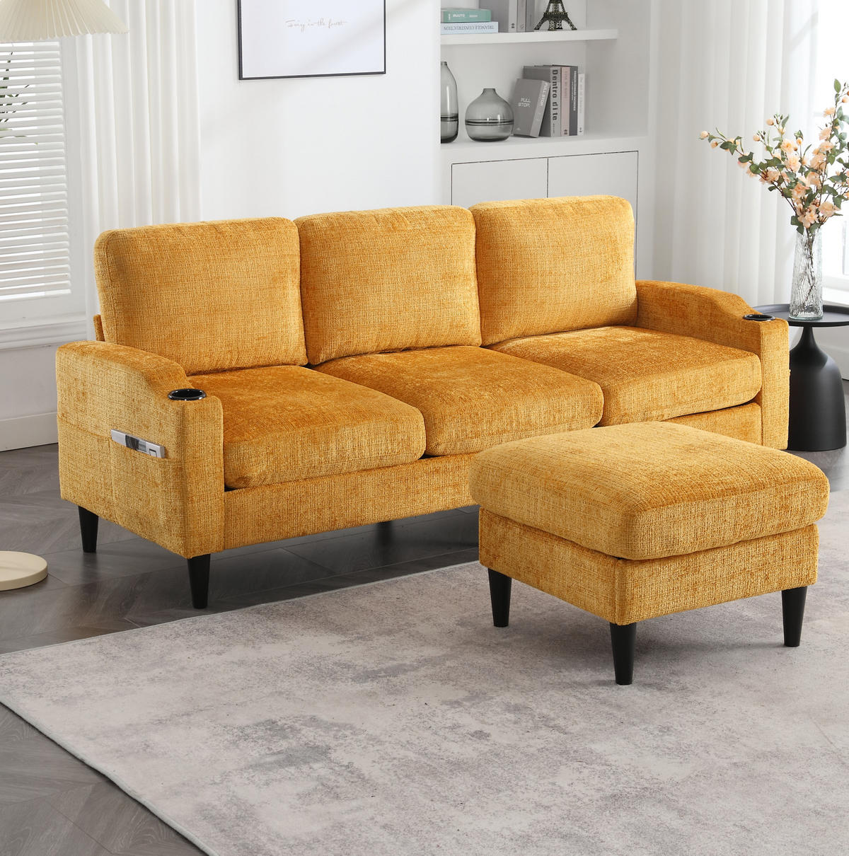 SOFA 4-Sitzer mit Hocker 196,5 x 75 x 77 cm Chenille Gelb - Gelb, Kunststoff (196.5/77/76cm) - Meubliv