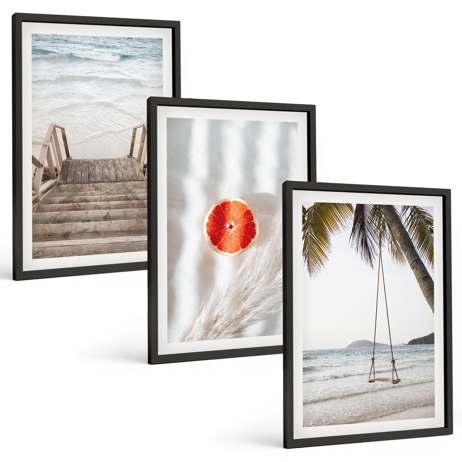 BILDER SET 3er Set - 40x60 cm Schwarzer Rahmen - Strandtreppe aus Holz, Urlaub - Schwarz, Kunststoff (40/60cm) - TULUP