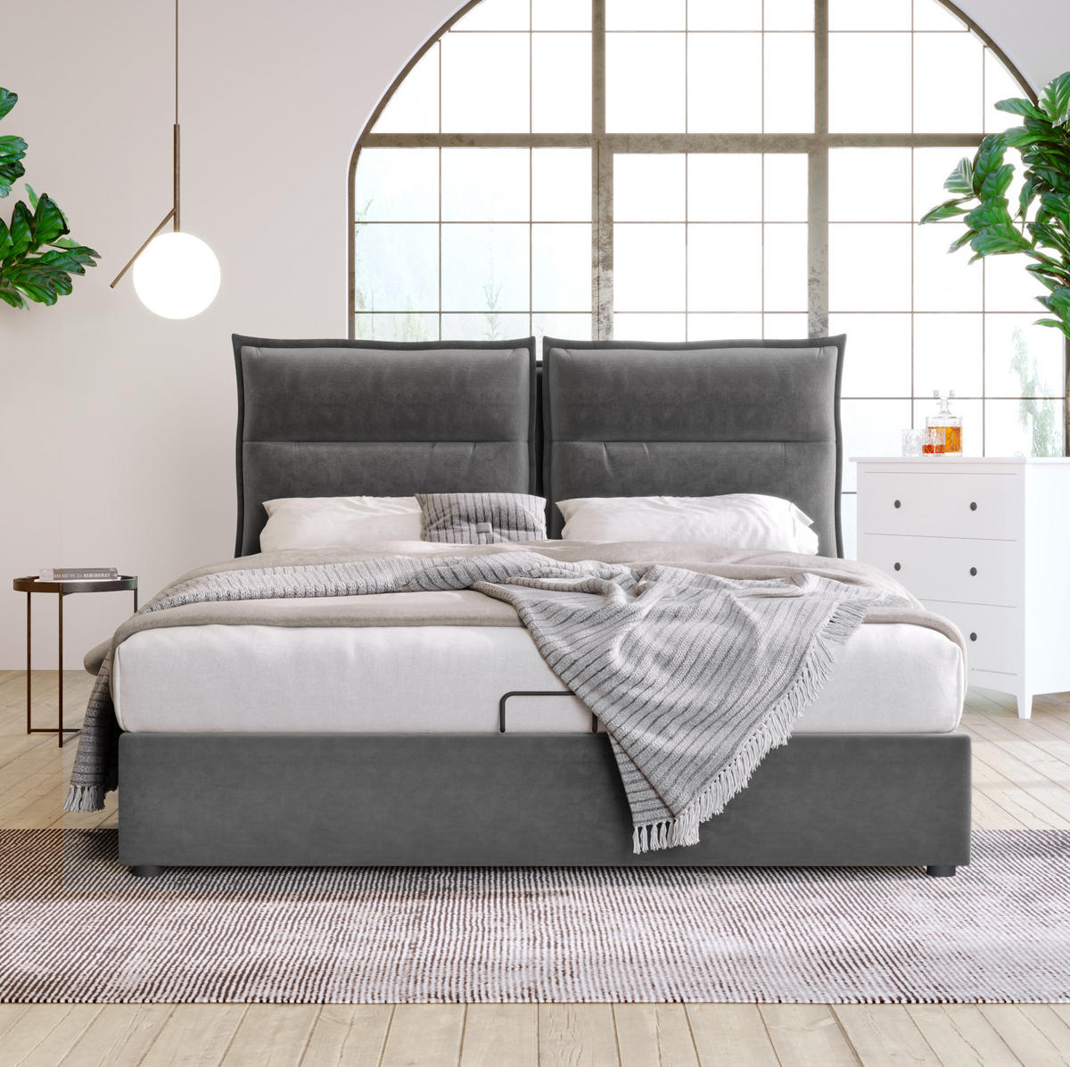 ČALÚNENÁ posteľ z masívneho dreva, zamatu a kovu 140x200 cm sivá s nastaviteľným čelom, úložným priestorom a lamelovým roštom - sivá, textil (140/200cm) - Modfu