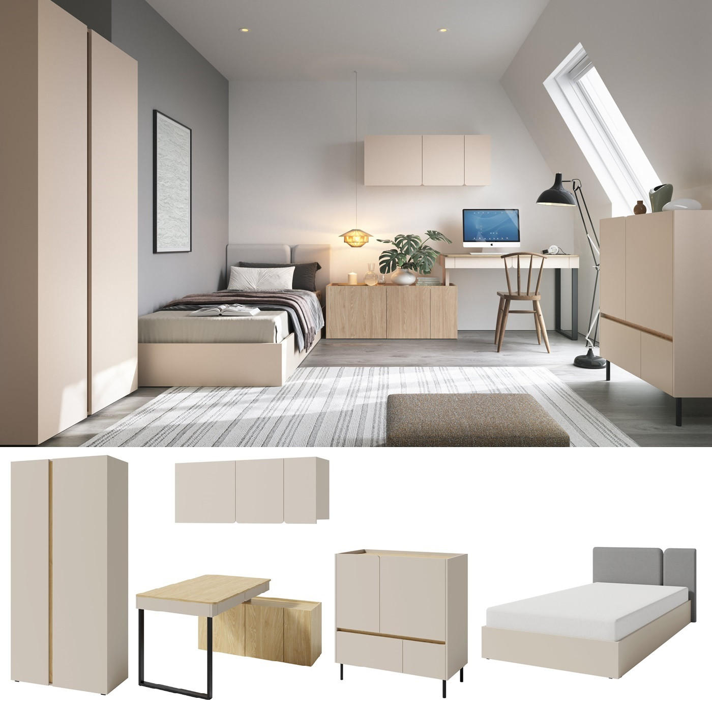 JUGENDZIMMER Laris Set A mit Bett 120 x 200 - Sandbeige / Eiche geölt - Eichefarben/Beige, Holzwerkstoff/Metall (90/50/195cm) - QMM TraumMöbel