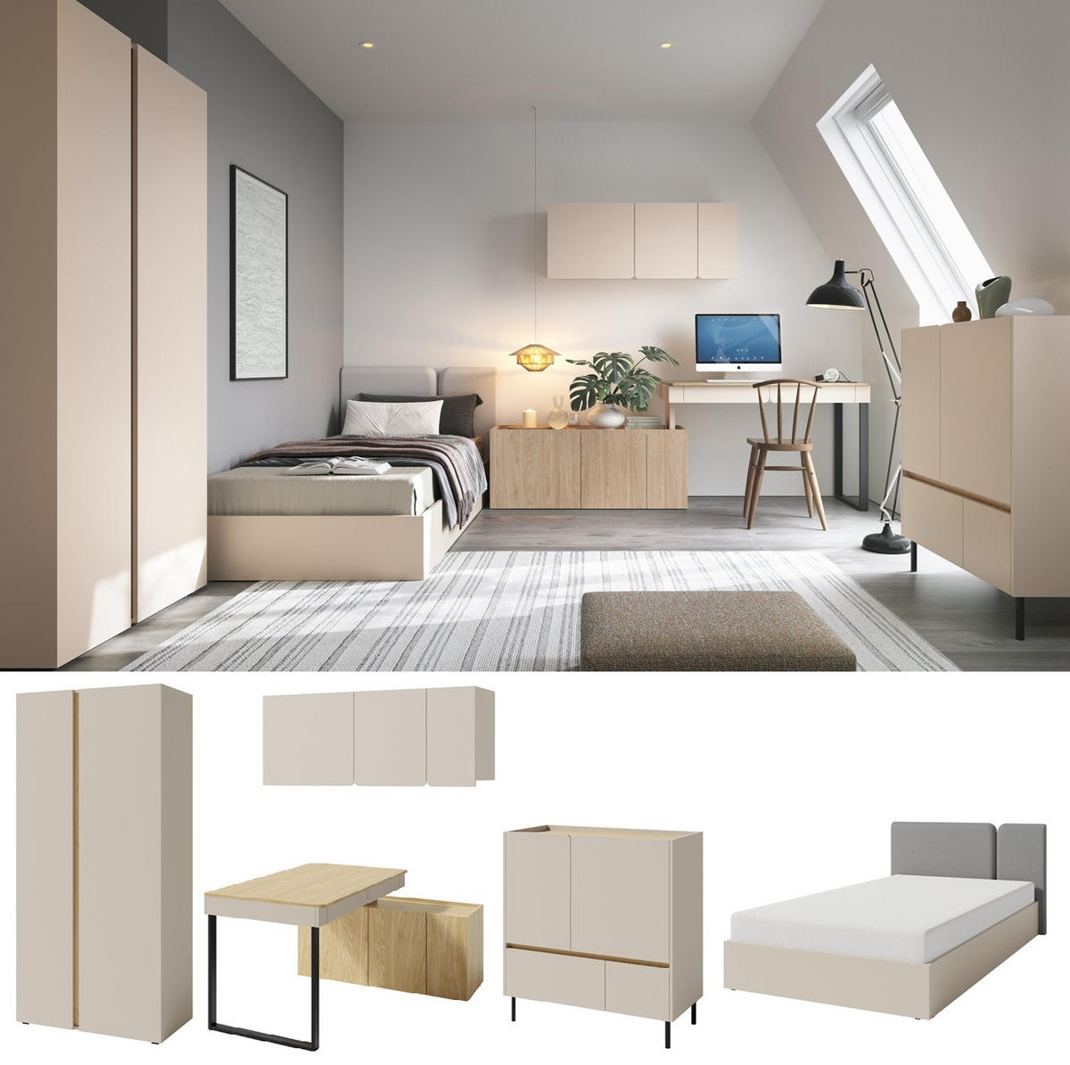 JUGENDZIMMER Laris Set A mit Bett 120 x 200 - Sandbeige / Eiche geölt - Eichefarben/Beige, Holzwerkstoff/Metall (90/50/195cm) - QMM TraumMöbel