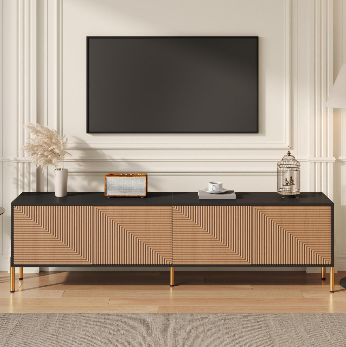 TV ormarić 179/35/53,5 cm crno-prirodni od iverice s 4 vrata i zlatnim metalnim nogama - svijetlo smeđa, drvni materijal (179/53.5/35cm) - OKWISH
