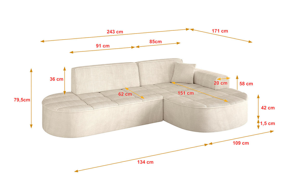 ECKSOFA Ottomane Rechts TARO-L1 - 243x171x79,5 cm Beige - Beige, Holzwerkstoff/Textil (243/171cm) - ALTDECOR