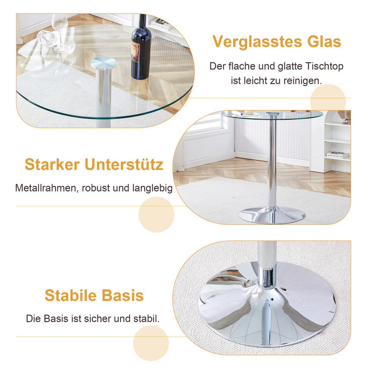 TISCHGRUPPE 3-tlg Glastisch 89 cm mit 2 transparenten Barhockern Silber - Silberfarben, Metall (93.5/5.5/93.5cm) - Raelunyi