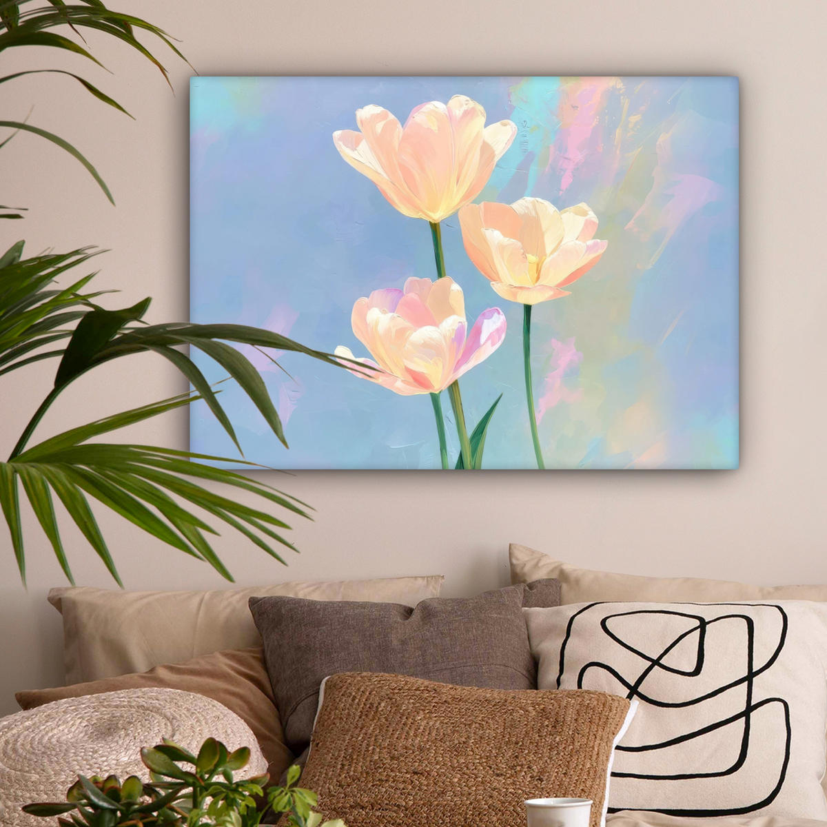 LEINWANDBILD Tulpen - Rosa Akzente - Blau Wandbilder 80x60 cm - Pastellblau, Textil (80/60cm) - MuchoWow