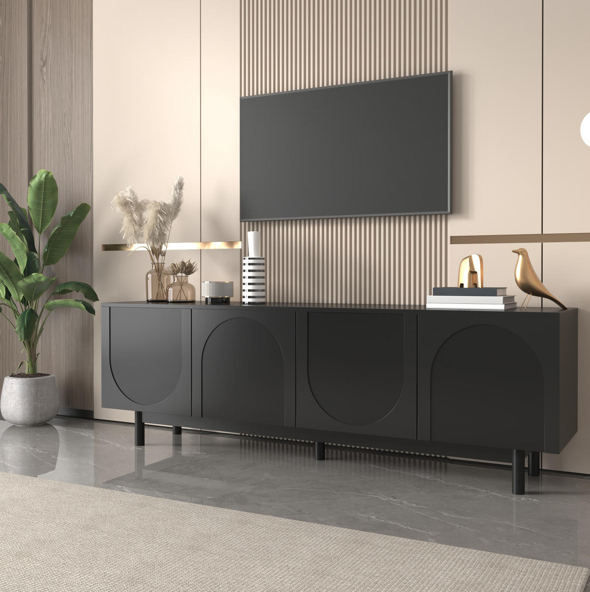 LOWBOARD 175/38/56 cm Schwarz aus MDF und Spanplatte mit Push-to-Open - Schwarz, Holzwerkstoff (38/56/175cm) - OKMYHOME