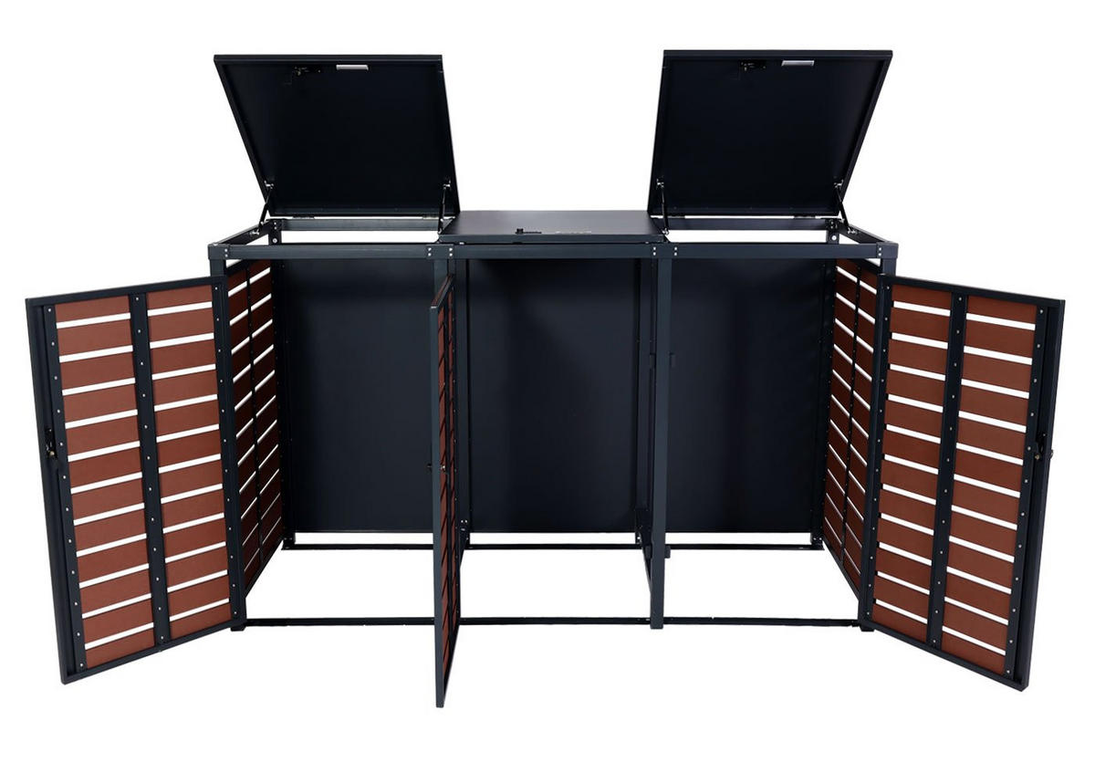 MÜLLTONNENBOX 3er HxBxT 119x205x84cm Walnuss-Holzoptik WPC Metall 109kg - Braun, Metall (205/119/84cm) - PROREGAL