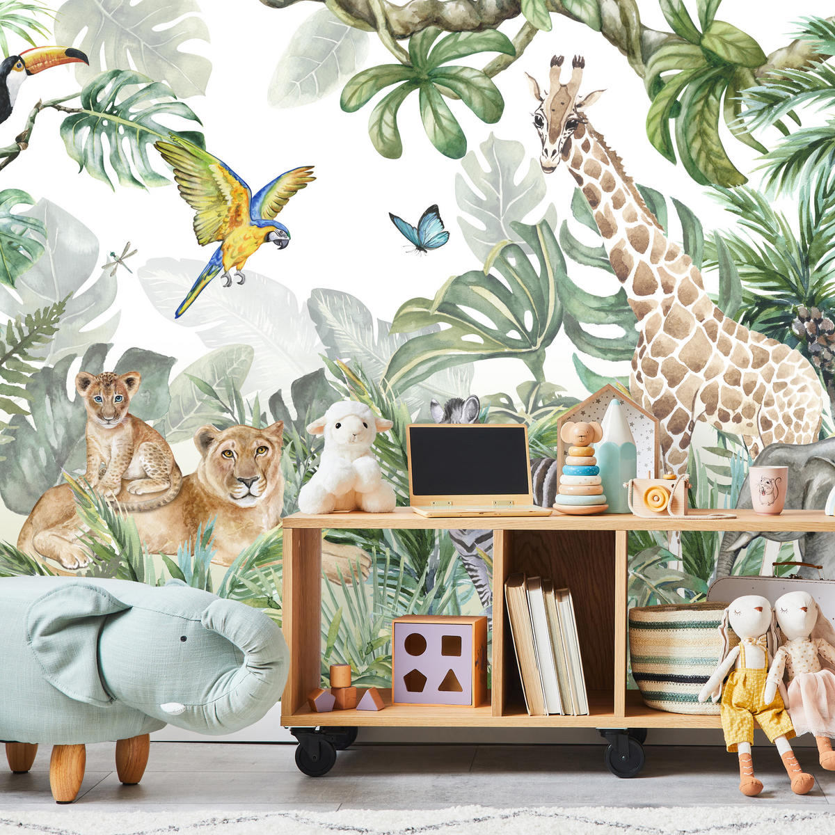 FOTOTAPETE für Kinderzimmer Tropen Dschungel Tiere Palmen Monstera 350x256 - Beige/Orange, Papier (350/256cm) - Muralo
