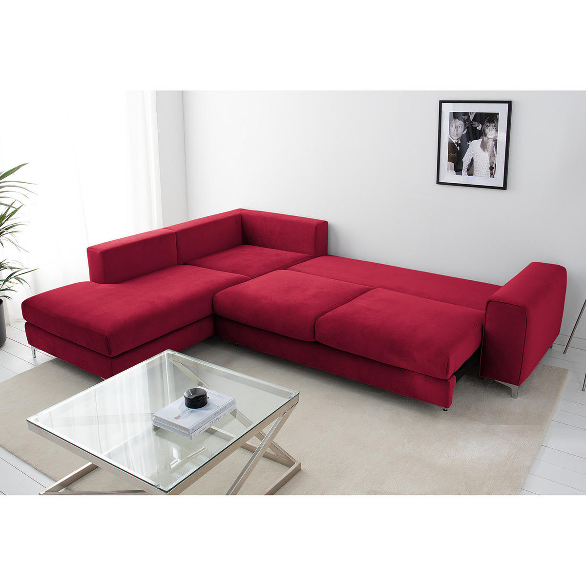 ECKSOFA mit Ottomane - Chromfarben/Bordeaux, Textil/Metall (302/1cm) - home24