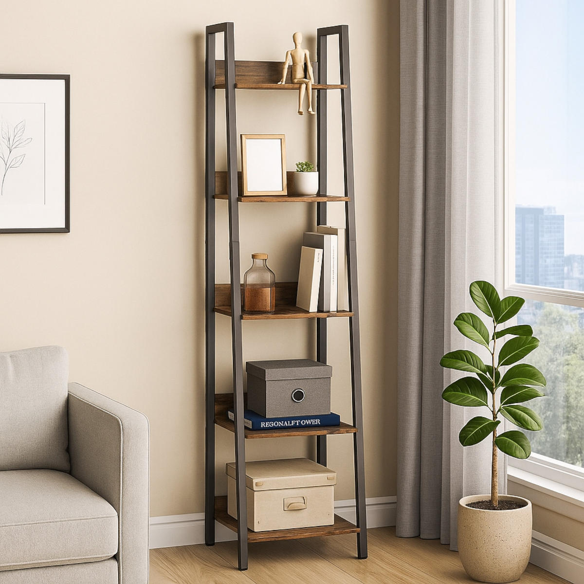 STANDREGAL Holzoptik Metall Dunkelbraun Schwarz Bücherregal 170×34x30 cm - Dunkelbraun/Schwarz, Holzwerkstoff/Metall (30/170/34cm) - Begryf