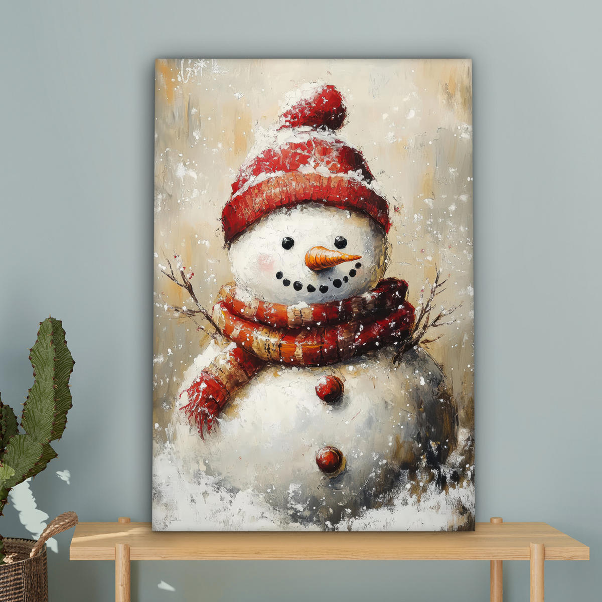 LEINWANDBILD Schneemann - Winter - Schnee - Beige 60x90 cm - Weiß, Textil (60/90cm) - MuchoWow