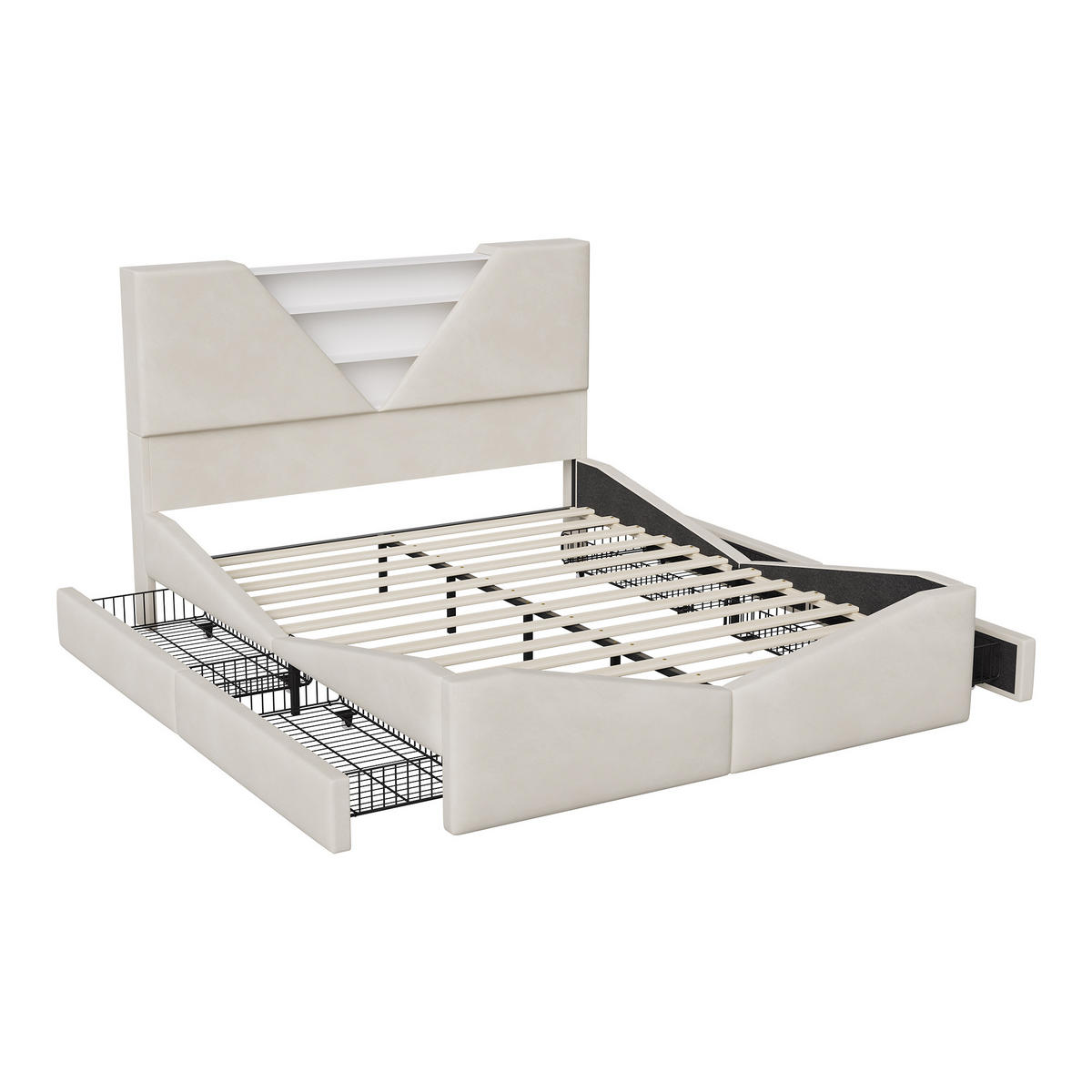 POLSTERBETT 140x190 cm mit 2 Schubladen, LED & USB, Doppelbett mit Kopfteil Stauraum, Beige - Beige, Metall (140/190cm) - EuroLiving