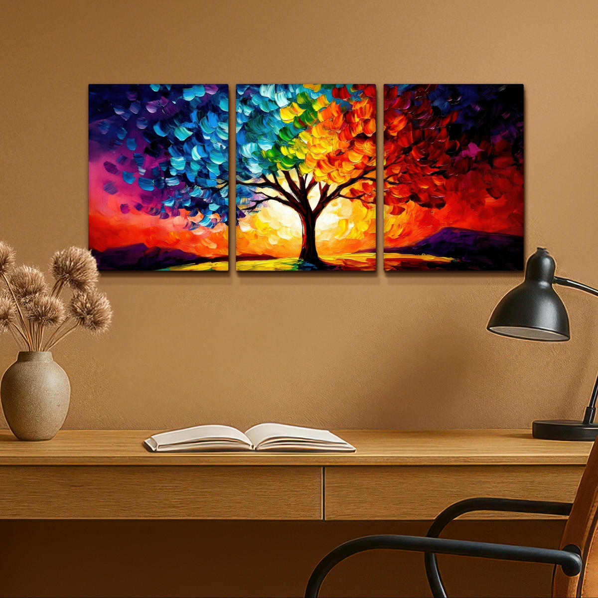 LEINWANDBILD 3er Set Baum - Farbenfroh - Malerei-Look - Abstrakt 90x40 cm - Multicolor, Textil (90/40cm) - MuchoWow