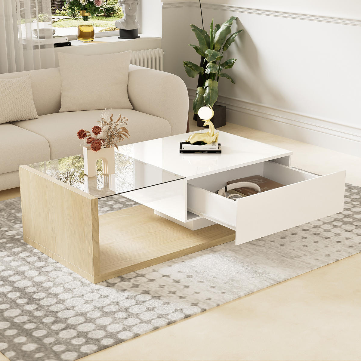 COUCHTISCH Hochglanz Holzoptik LED - Naturfarben, Holzwerkstoff (55/105/32.5cm) - LEBENLANG