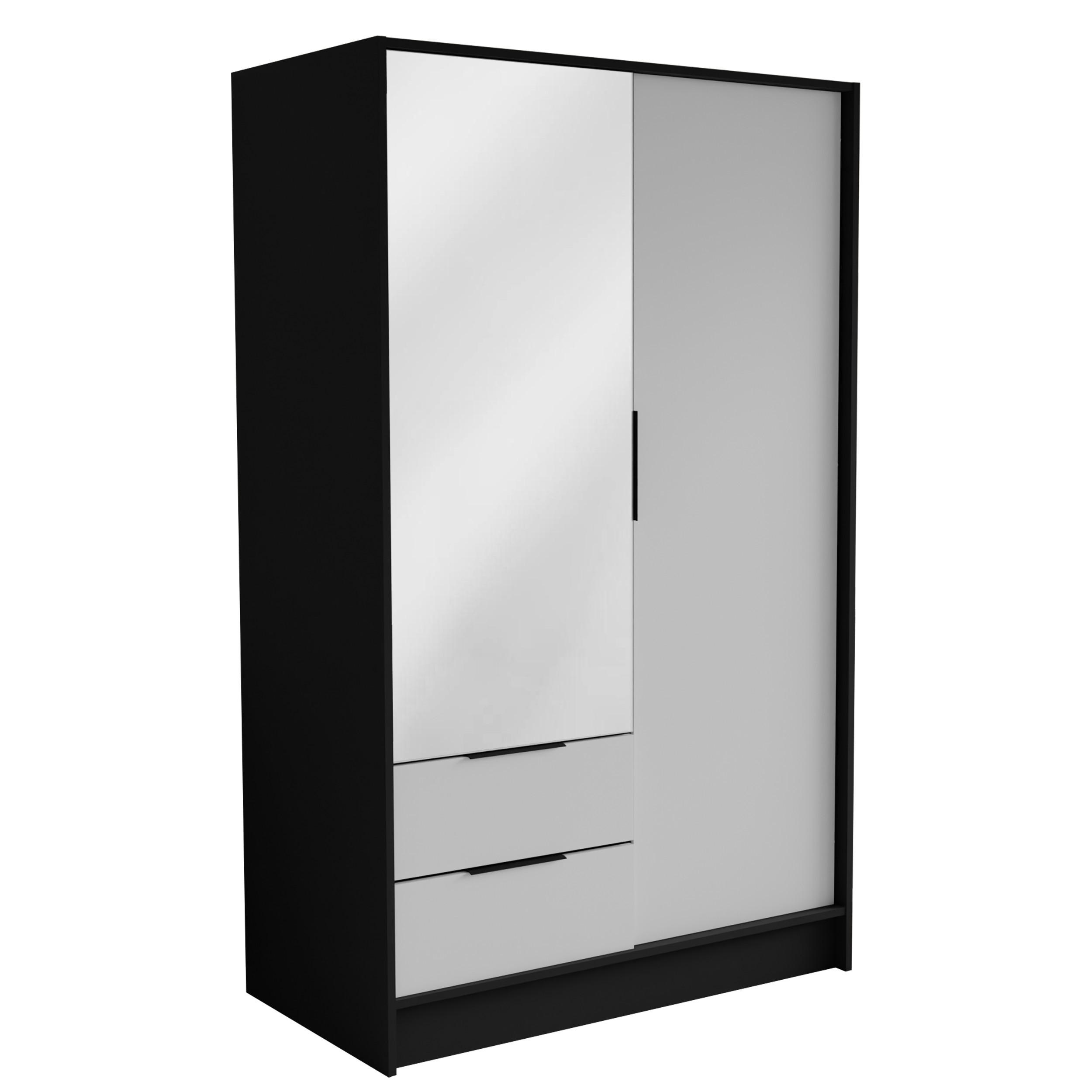 DREHTÜRENSCHRANK CAVA 102/200/51 cm Modern Kleiderschrank 2-türig mit Spiegel Schwarz - Schwarz/Weiß, Holzwerkstoff (102/200/51cm) - MASSENO