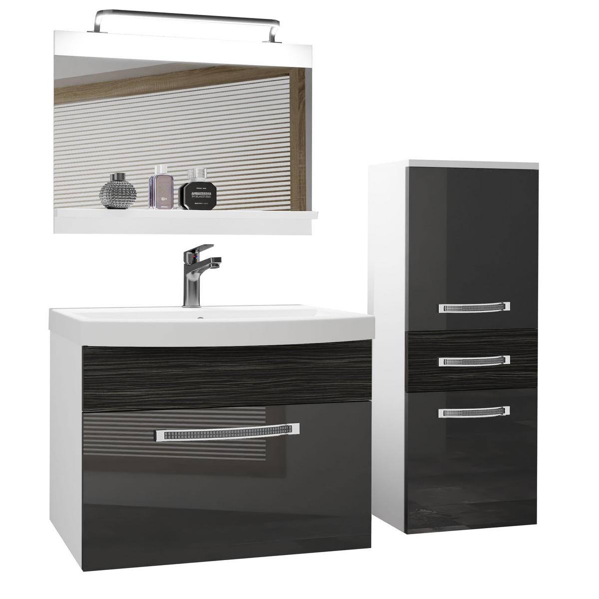 BADMÖBEL Badezimmer Silber / Ebenholz Royal, Glänzend und Matt - Hellgrau, Holz (100/81/40cm) - B BELINI GROUP