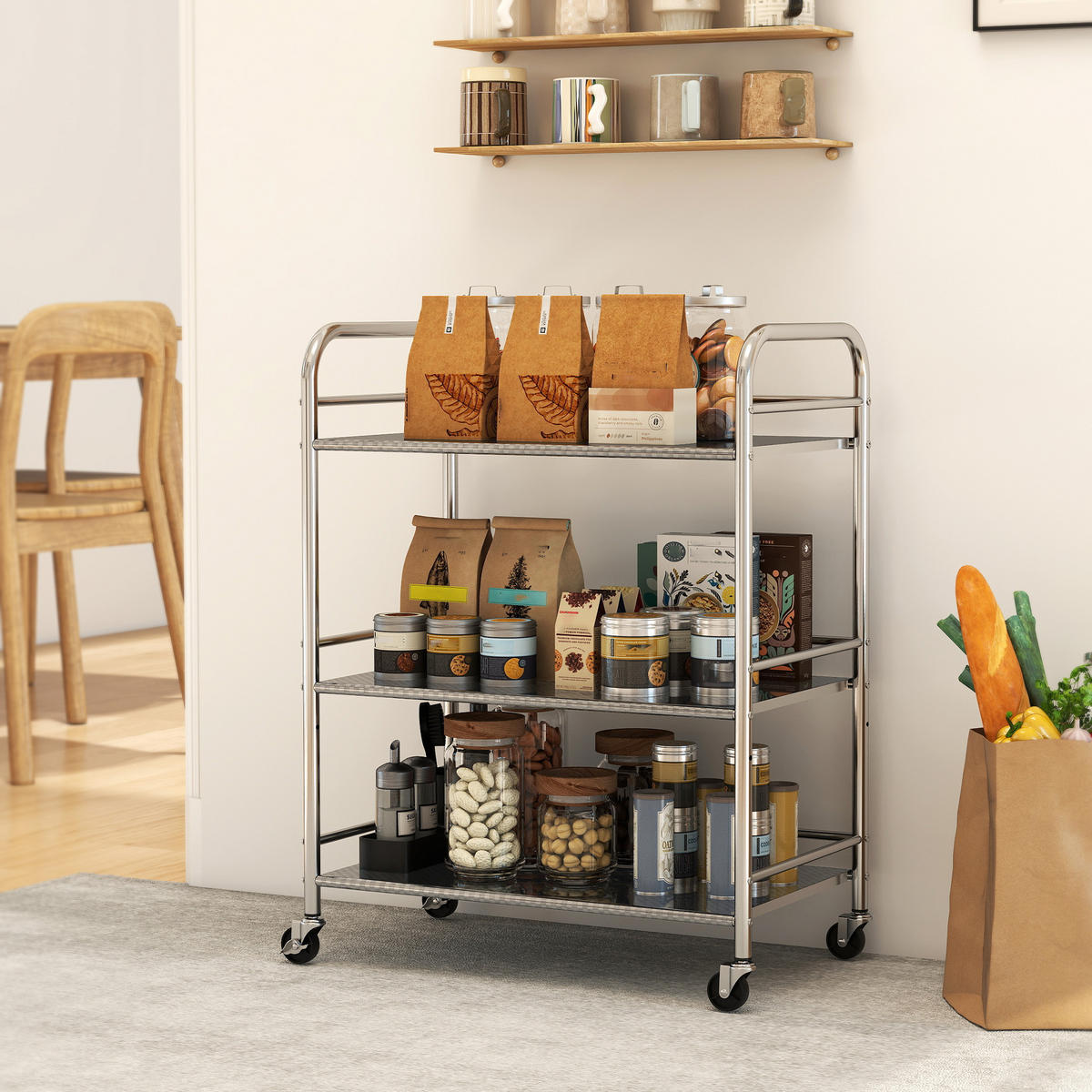 SERVIERWAGEN DE-17131 3 Ebenen Edelstahl 201 Silber - Silberfarben, Metall (35/77/60cm) - ComfortXL
