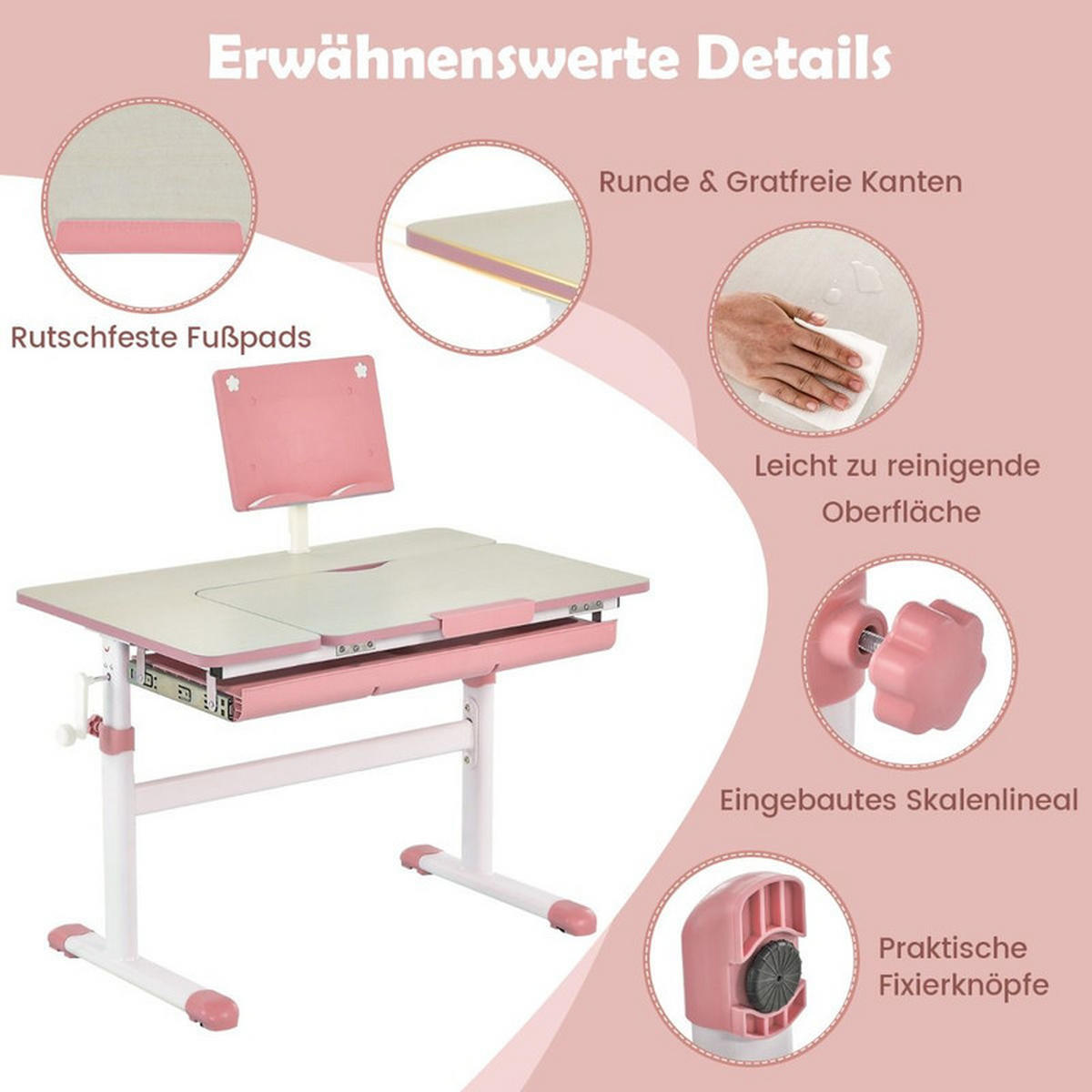 KINDERSCHREIBTISCH höhenverstellbar rosa - Pink, Metall (80/51/51.5cm) - COSTWAY