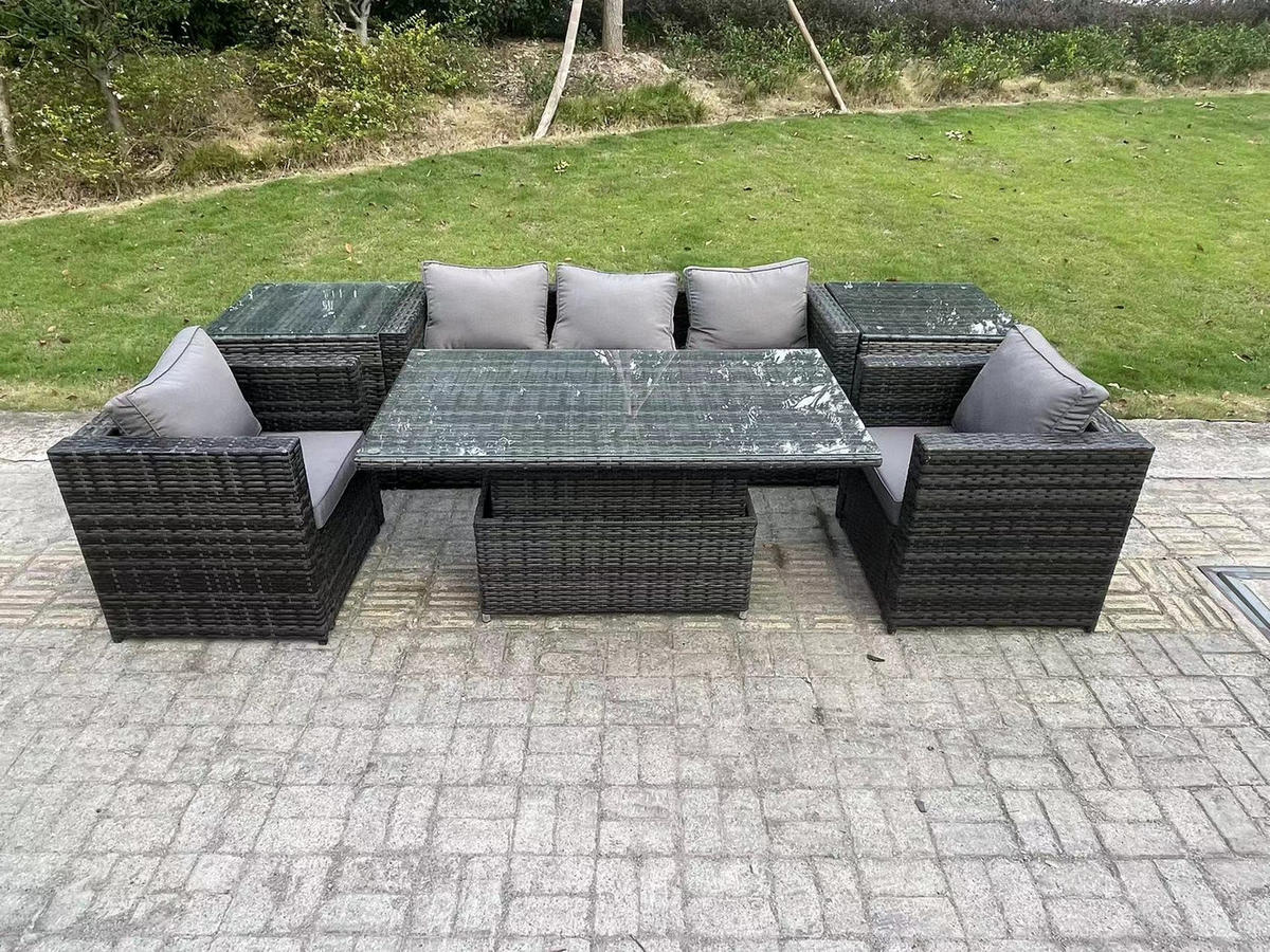 GARTENSOFA Hohe Rückenlehne Polyrattan 5-Sitzer - Dunkelgrau/Grau, Glas/Kunststoff - Fimous