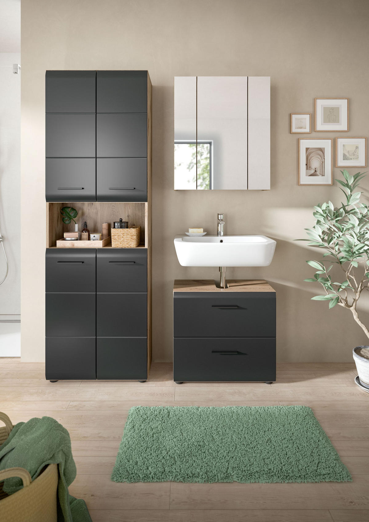 BADEZIMMER Alba 3-tlg. B/H/T: ca. 135/185/30 cm) in Nox Oak /schwarz matt - Eichefarben, Holz (135/185/30cm)