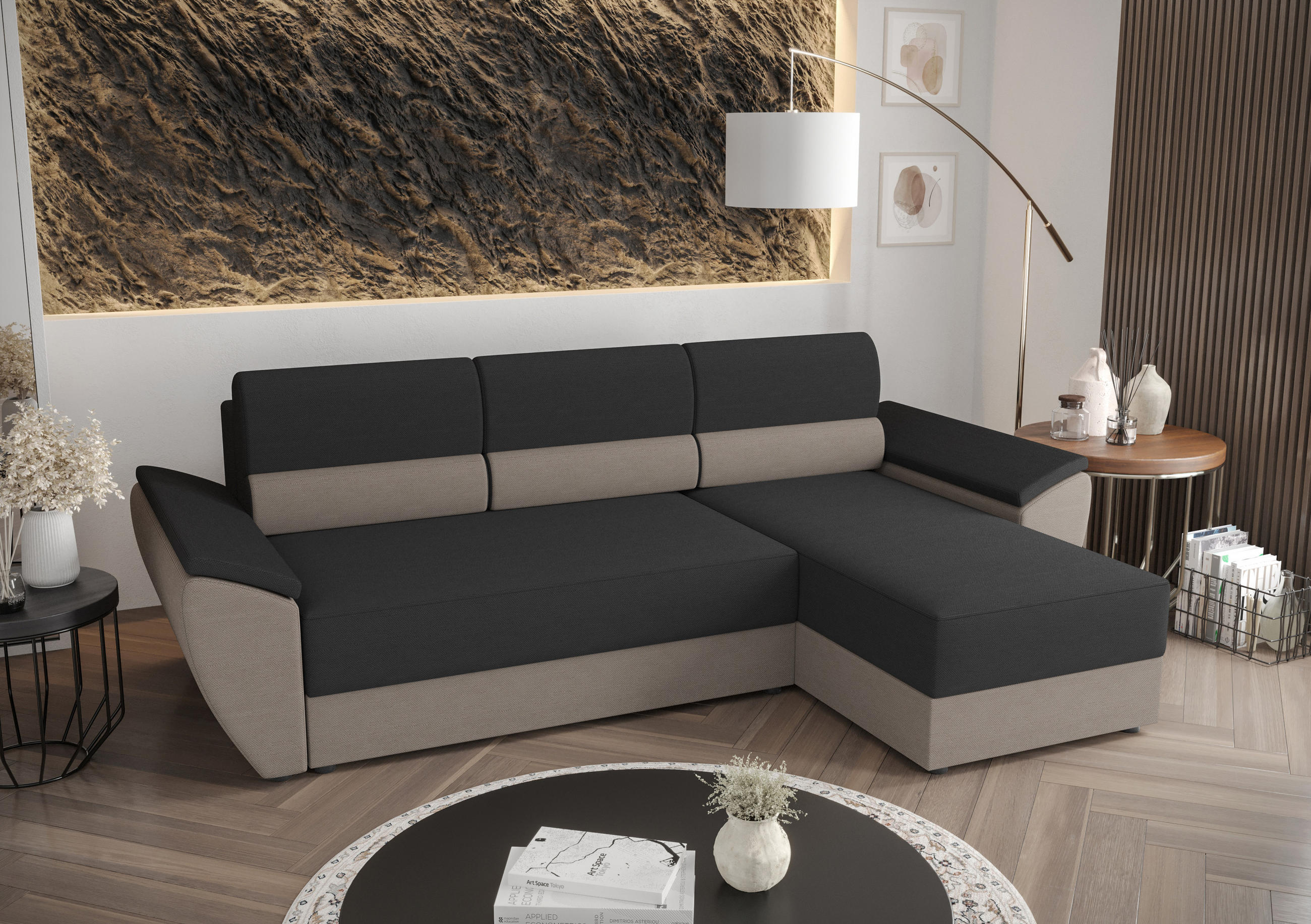 ECKSOFA L REBI L2 Rainbow 27/83 Rechts mit Schlaffunktion, Grau/Beige, L-Form - Beige/Grau, Textil (251/140cm)
